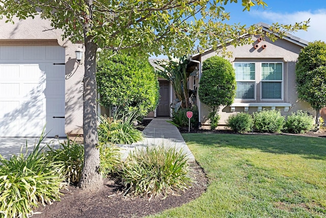 view of front of house with a front yard and a garage