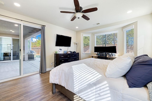 3313 Whiteash Ave, Clovis, CA 93619 - bedroom featuring access to outside, wood finished floors, recessed lighting, baseboards, and a ceiling fan
