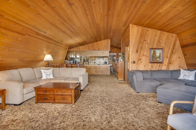 carpeted living room featuring lofted ceiling, wooden walls, an inviting chandelier, and wooden ceiling