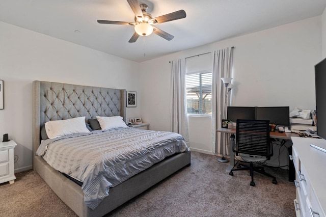 bedroom with ceiling fan and light carpet