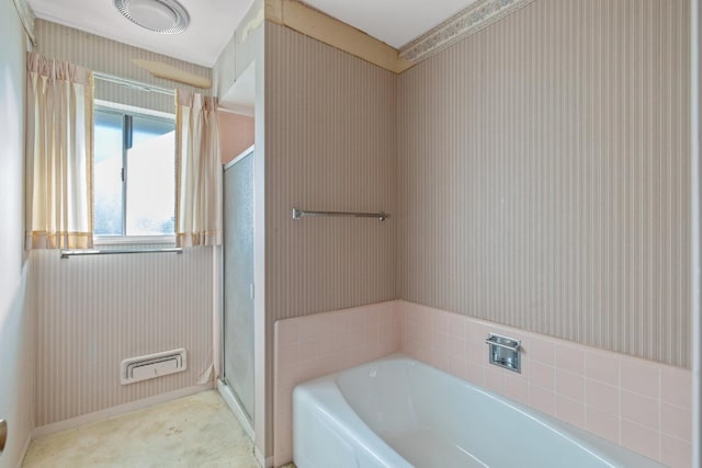 bathroom with shower with separate bathtub