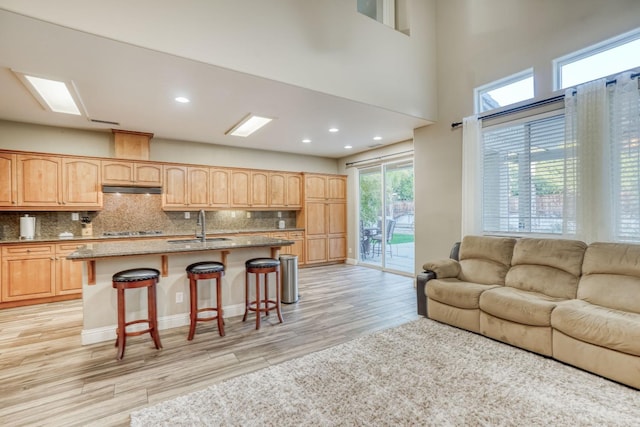 kitchen with decorative backsplash, a kitchen island with sink, sink, a kitchen bar, and light wood-type flooring