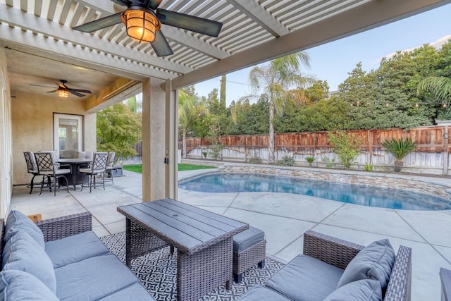 view of swimming pool with a patio, an outdoor living space, a pergola, and ceiling fan