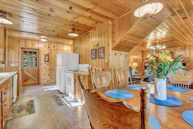 dining area featuring wooden walls and wooden ceiling