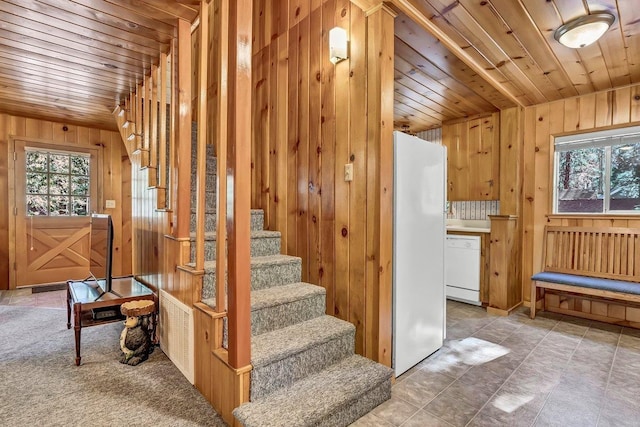 stairs featuring wood ceiling and wooden walls