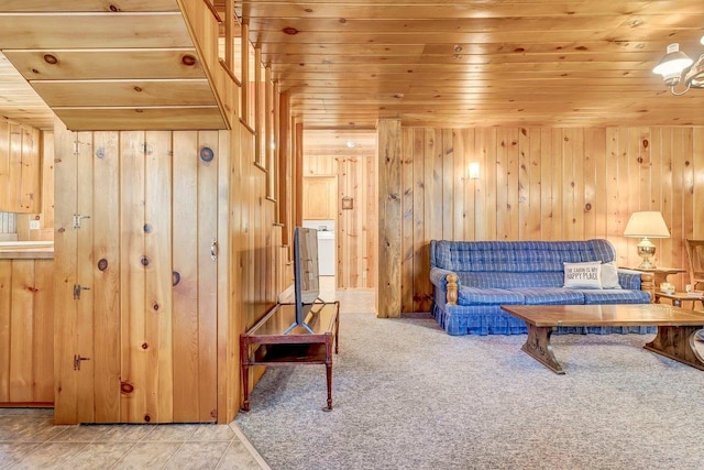 tiled living room featuring wooden ceiling and wooden walls