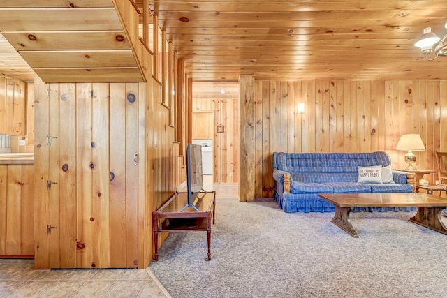 41816 N Dogwood Rd, Shaver Lake, CA 93664 - living room with wood ceiling, wooden walls, and light carpet