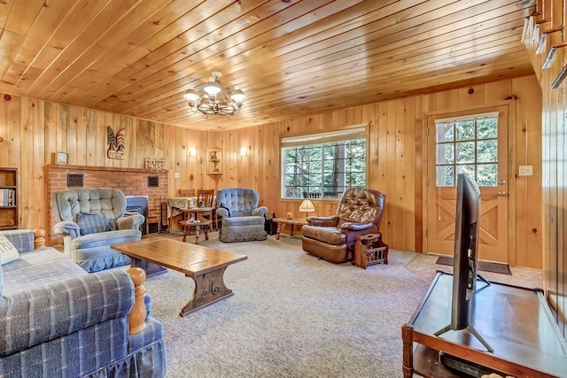 living room featuring wood ceiling, a healthy amount of sunlight, wooden walls, and a fireplace