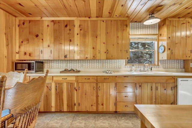 kitchen with white dishwasher, sink, decorative backsplash, and wooden ceiling