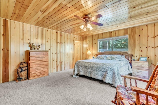 carpeted bedroom featuring wood ceiling, wooden walls, and ceiling fan