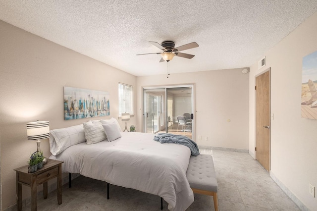 bedroom with a textured ceiling and ceiling fan