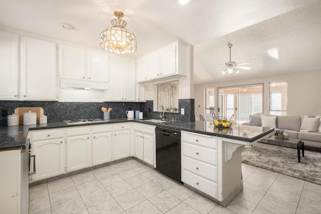 kitchen featuring sink, black dishwasher, kitchen peninsula, decorative backsplash, and white cabinets