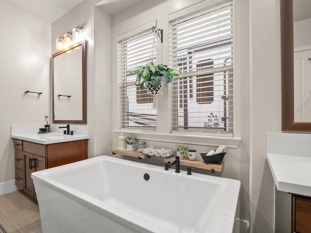 bathroom with vanity and a washtub