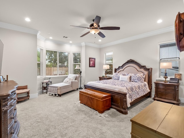 bedroom featuring carpet flooring, ceiling fan, and ornamental molding