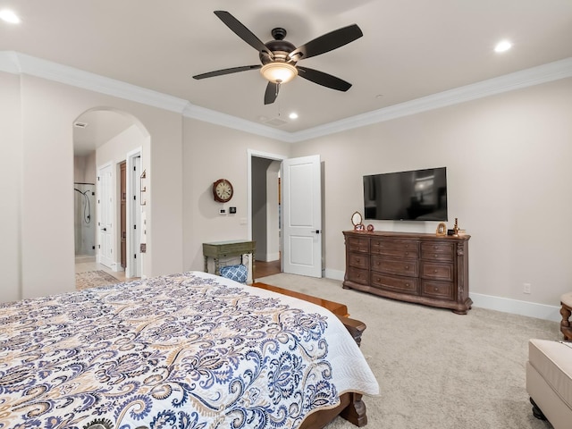 bedroom featuring light colored carpet, ceiling fan, and crown molding