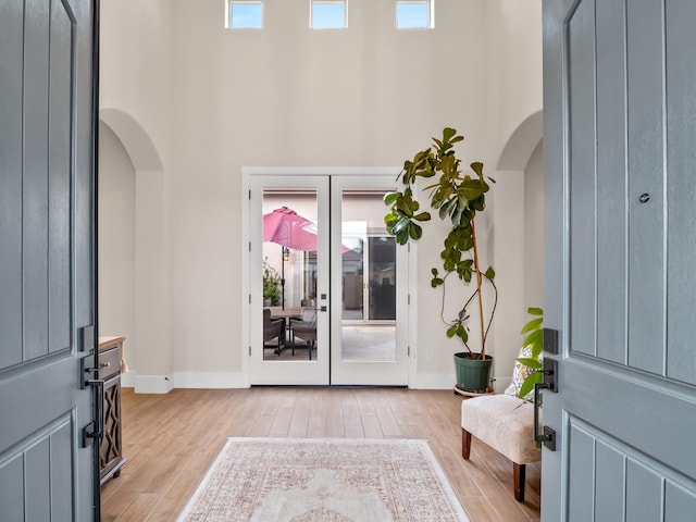 foyer with french doors, a healthy amount of sunlight, and light wood-type flooring