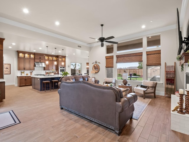 living room featuring ceiling fan