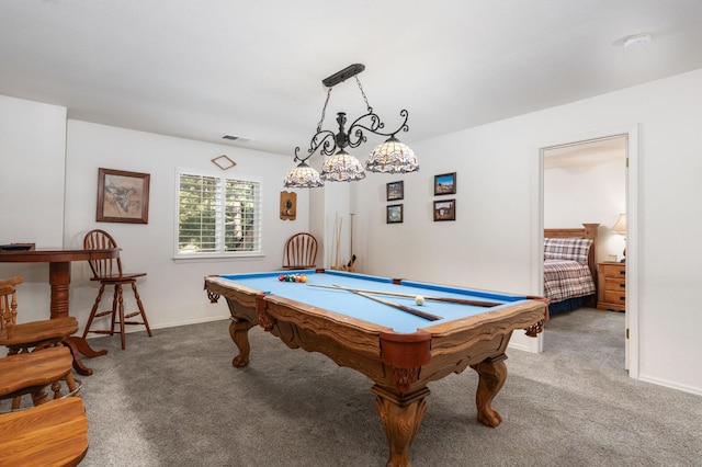 rec room featuring carpet floors and billiards