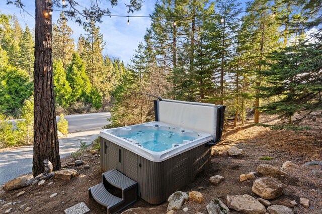 view of yard with a hot tub