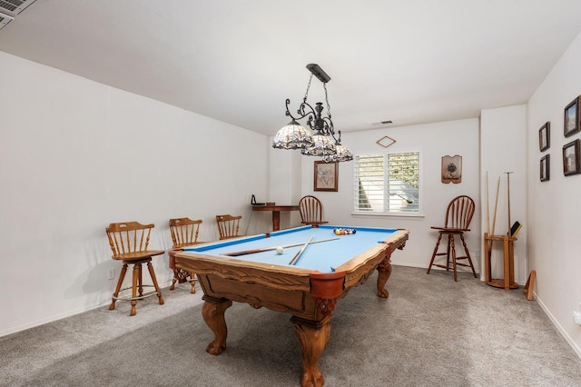 recreation room featuring carpet and pool table