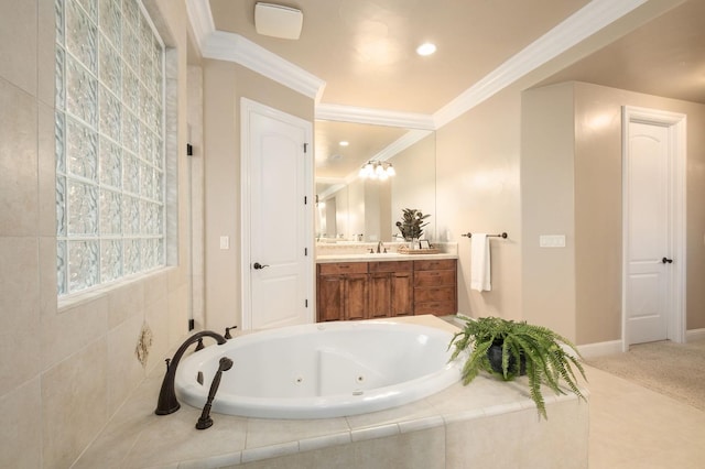 bathroom with vanity, crown molding, and a relaxing tiled tub