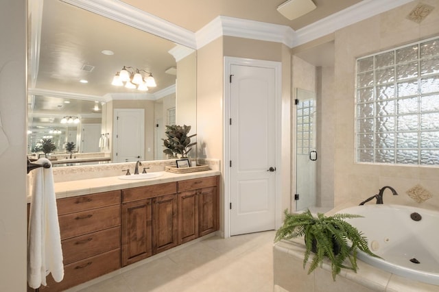 bathroom with vanity, ornamental molding, separate shower and tub, and tile patterned flooring