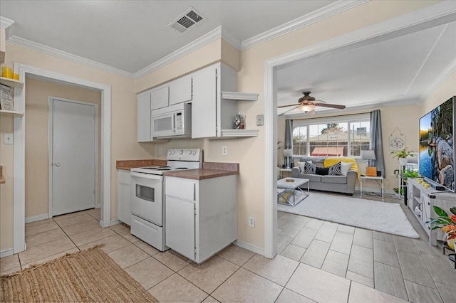 kitchen with white cabinetry, white appliances, and crown molding