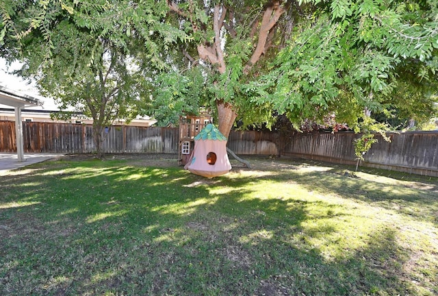 view of yard with a fenced backyard and a playground