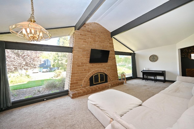 living area with carpet floors, vaulted ceiling with beams, an inviting chandelier, a brick fireplace, and baseboards