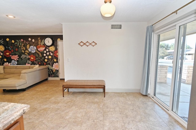 living area featuring baseboards and visible vents