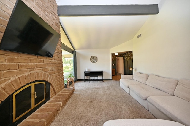 carpeted living area with beam ceiling, visible vents, a brick fireplace, high vaulted ceiling, and baseboards