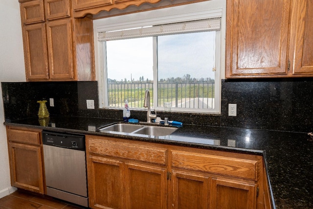 kitchen with dark stone countertops, sink, backsplash, and dishwasher