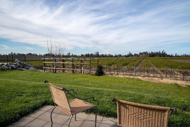 view of yard featuring a rural view and a patio area