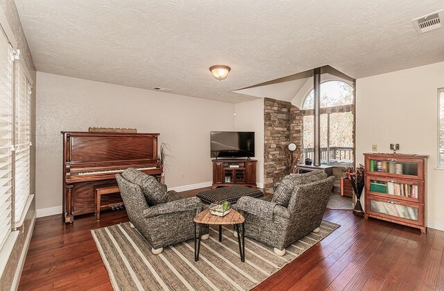 living room featuring dark hardwood / wood-style floors, a textured ceiling, and vaulted ceiling