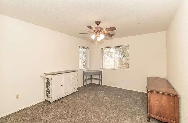 interior space with ceiling fan, a textured ceiling, and dark carpet