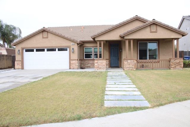 view of front of property featuring a front lawn, stone siding, an attached garage, and stucco siding