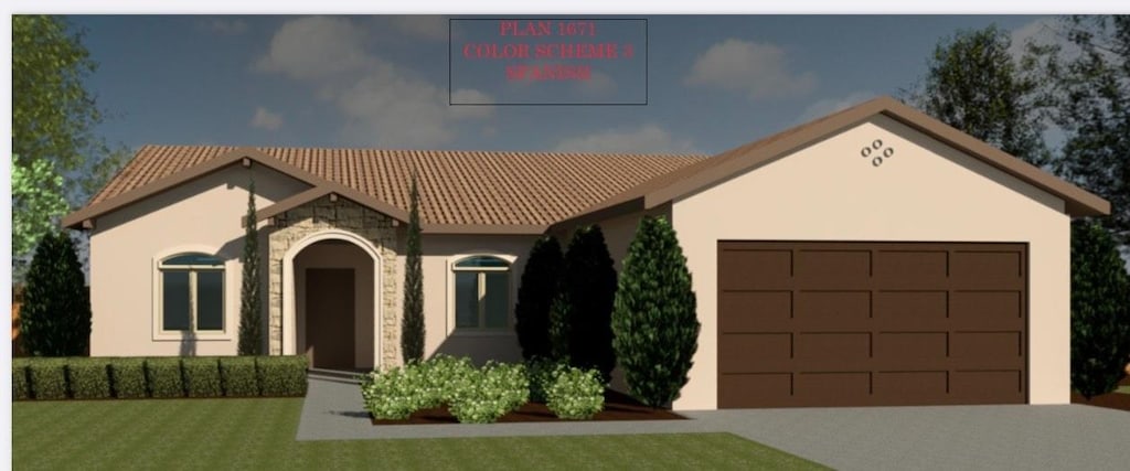 view of front of home featuring stucco siding, an attached garage, driveway, and a tiled roof