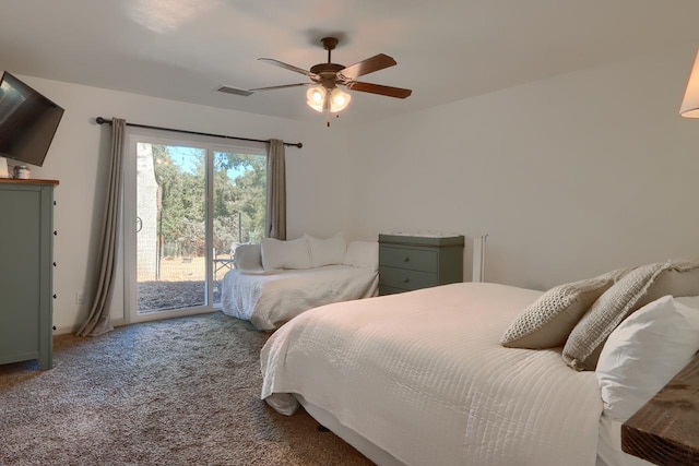 bedroom with carpet, ceiling fan, and access to outside