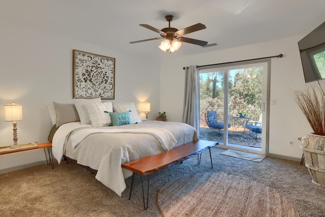 carpeted bedroom featuring ceiling fan and access to exterior