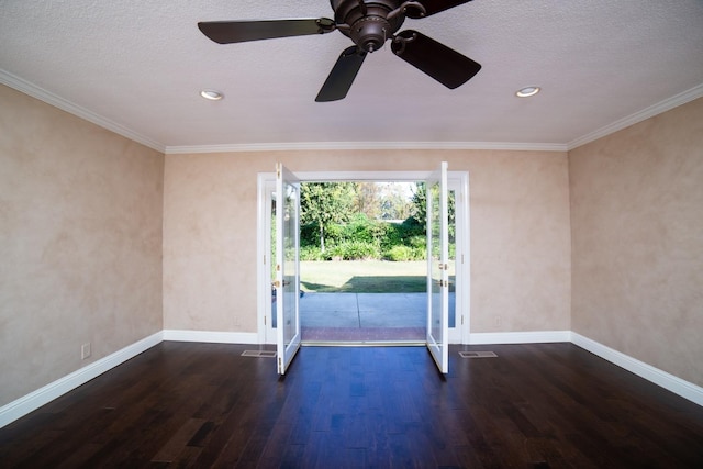 interior space featuring ornamental molding, ceiling fan, a textured ceiling, and dark hardwood / wood-style flooring