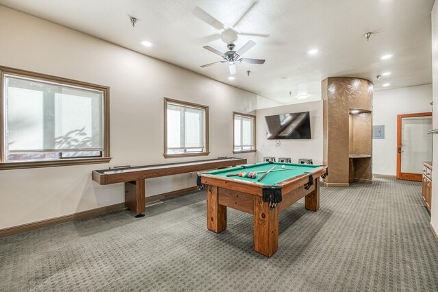 rec room with pool table, ceiling fan, and carpet floors