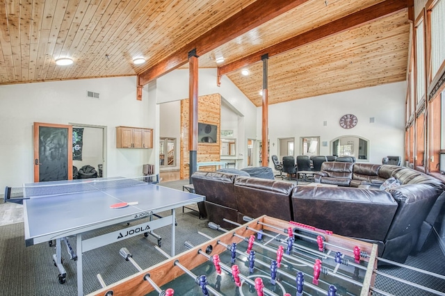 rec room featuring high vaulted ceiling, beamed ceiling, and wooden ceiling