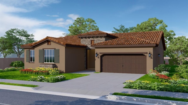 mediterranean / spanish-style home featuring a tiled roof, driveway, an attached garage, stone siding, and stucco siding