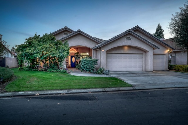 view of front facade featuring a lawn and a garage