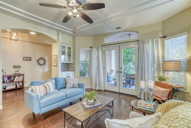 living room with french doors, hardwood / wood-style floors, and ceiling fan