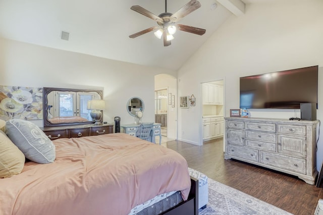 bedroom featuring dark hardwood / wood-style flooring, high vaulted ceiling, beamed ceiling, ceiling fan, and ensuite bathroom