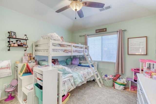 bedroom with ceiling fan and carpet floors