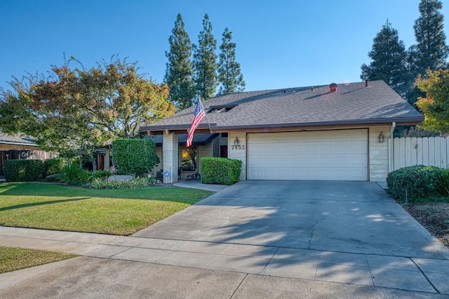 ranch-style house with a garage and a front lawn