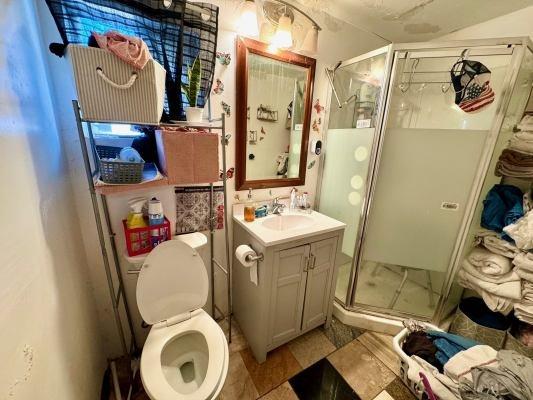 bathroom featuring toilet, vanity, and walk in shower