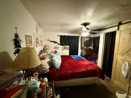 bedroom featuring a barn door and ceiling fan